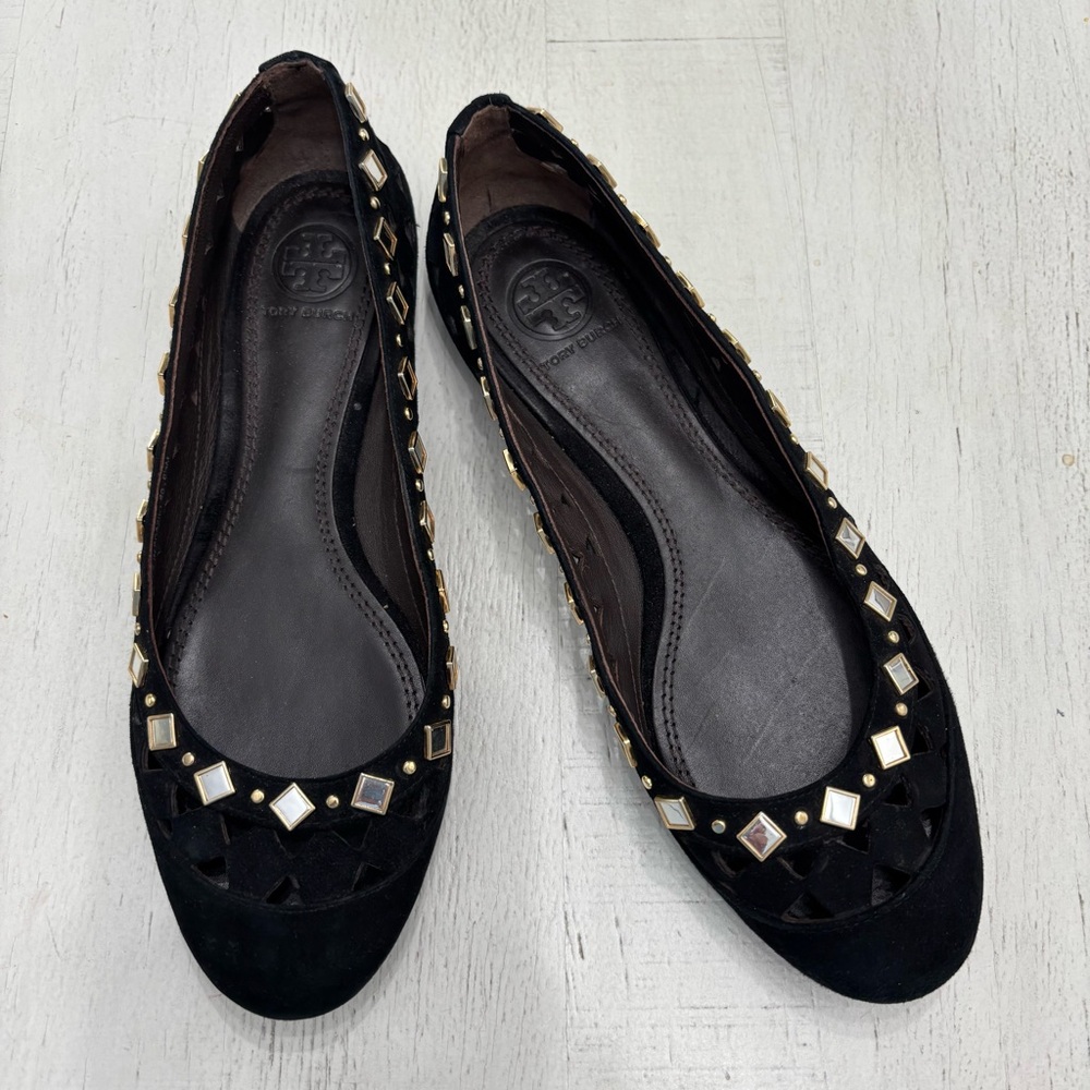 RARE Tory Burch Ballet Flats 6.5M Mirroed Cut out Studded Round Toe shoes